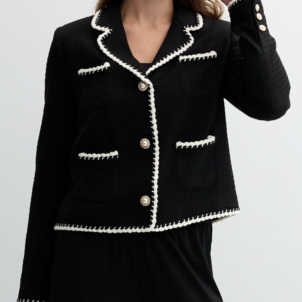 Ellen Tracy Black Boucle Blazer Pearl Buttons NWT L French Style Tweed Trim - Picture 8 of 14